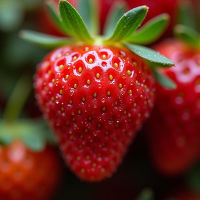 Fresh red strawberries glistening with water droplets