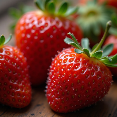 Fresh strawberries arranged on a wooden surface