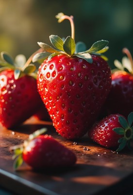 Fresh strawberries glistening in natural light