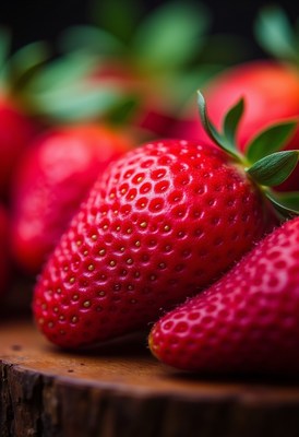 Fresh strawberries arranged on wooden surface in close-up