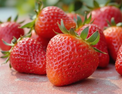 Freshly harvested strawberries in a summer garden