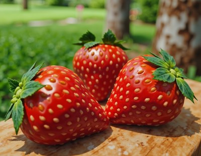 Fresh red strawberries arranged on a wooden surface
