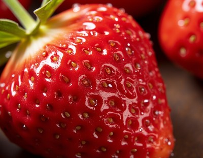 Bright red strawberry close up showing seeds and texture