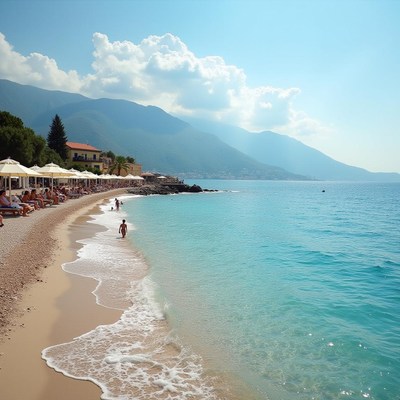 Relaxing beach day with distant mountains and clear water
