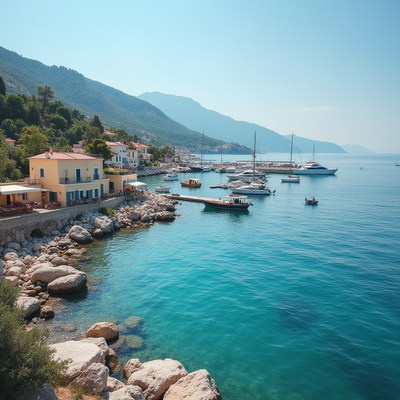 Coastal view of a quiet harbor with boats in clear water
