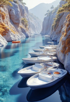 Scenic boats lined up in a serene turquoise canyon