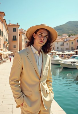 Stylish man in light suit and hat beside calm waterway