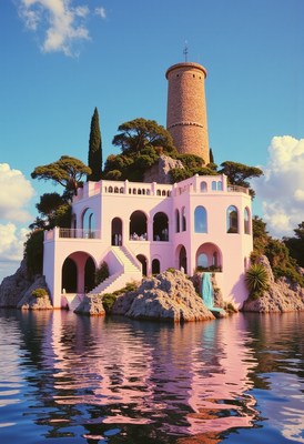 Pink villa surrounded by calm waters and trees