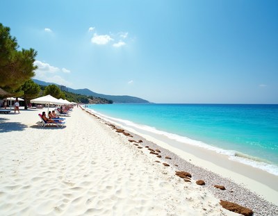 Sandy beach with sun loungers and clear blue water