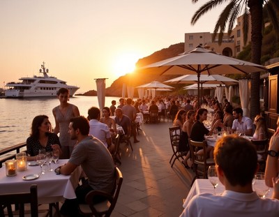 Elegant dining by the waterfront at sunset