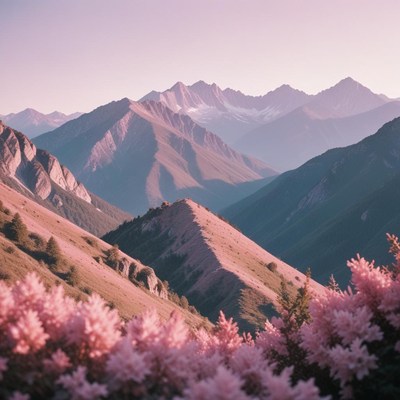 Majestic mountain range at sunrise with blooming flowers