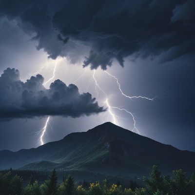 Lightning strikes illuminate dark mountain landscape