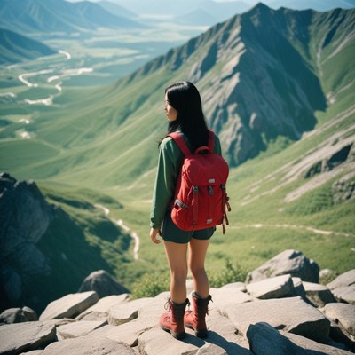 Woman hiking in mountains with scenic valley view