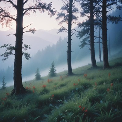 Misty morning in a serene mountain forest landscape
