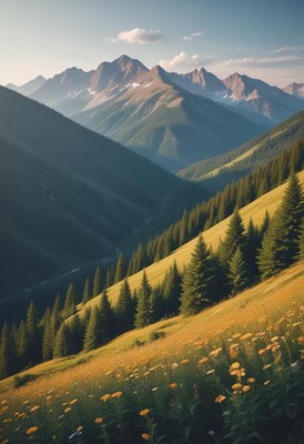Majestic mountain landscape with vibrant wildflowers
