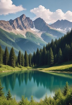 Majestic lake surrounded by mountains and lush forest