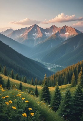 Majestic mountain landscape at sunrise in summer