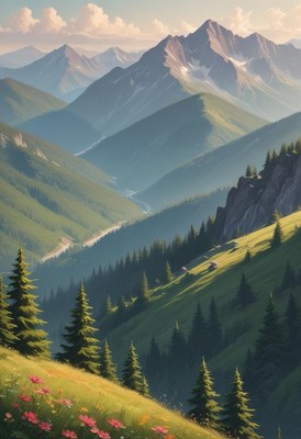 Majestic mountains and lush valleys under golden sunlight