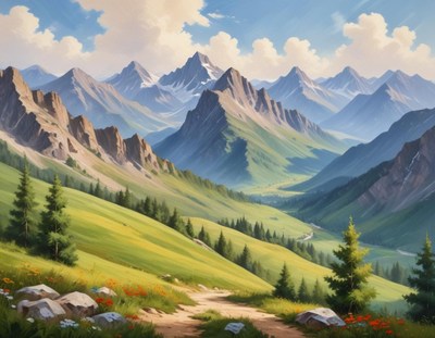 Majestic mountain landscape with lush greenery and trails