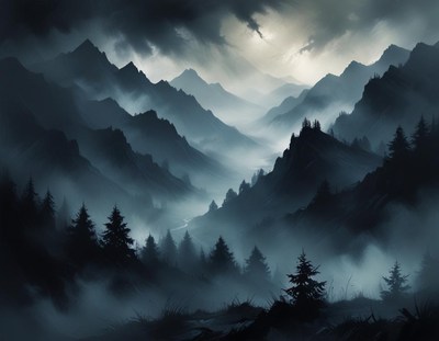 Eerie twilight on misty mountains