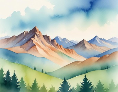 Colorful mountain landscape with soft watercolor details
