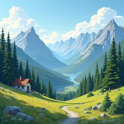 Breathtaking mountain valley with a cozy cabin and river