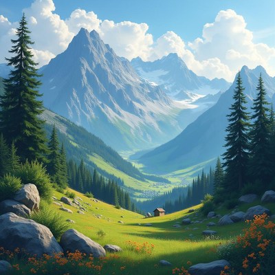 Majestic mountain valley with vibrant greenery and peaks