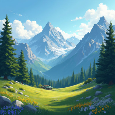 Scenic mountain landscape with cabin and blooming meadow