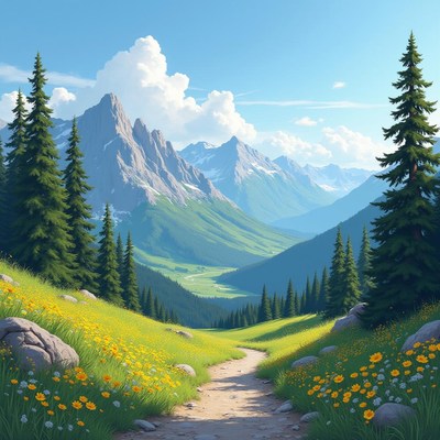 Beautiful mountain valley with vibrant flowers and trees
