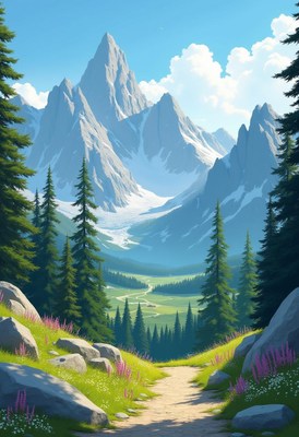 Peaceful mountain scene with a colorful trail