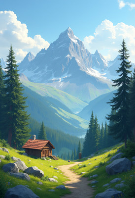 Mountain cabin nestled in a serene valley landscape