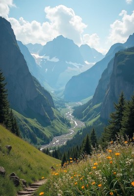 Majestic valley view with mountains under blue sky
