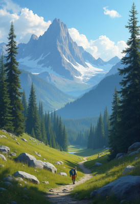 Hiker exploring a serene mountain valley landscape