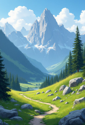 Scenic mountain valley with hiking trail under blue sky