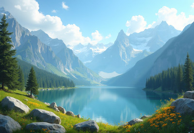 Mountain Lake with Pine Trees
