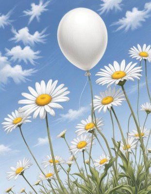 White balloon floating above daisies on a sunny day
