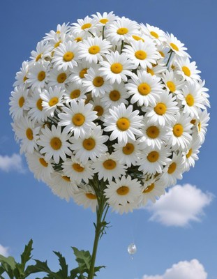 Large ball of daisies against a blue sky