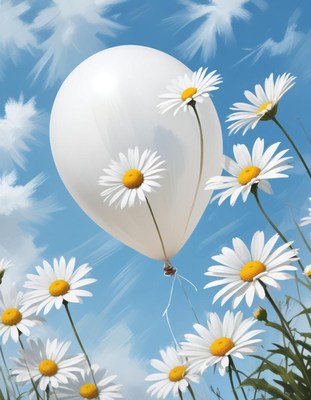 Daisies surround a white balloon under a bright sky
