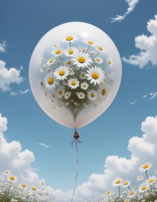 Balloon filled with daisies floating in a blue sky