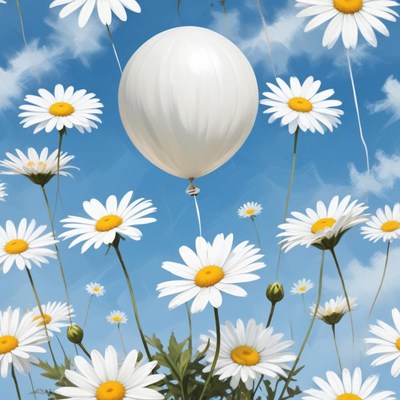 Bright white balloon among blooming daisies on a sunny day