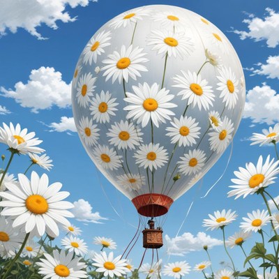 Colorful hot air balloon floating over a flower field