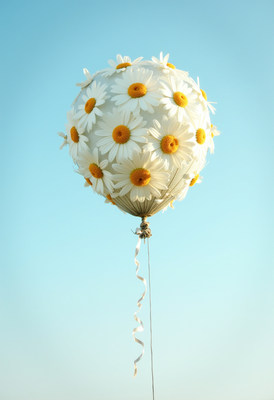 Balloon adorned with daisies against clear blue sky
