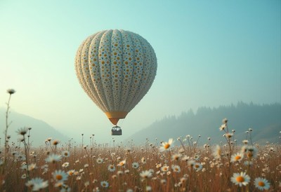 Colorful hot air balloon floats over a flower field