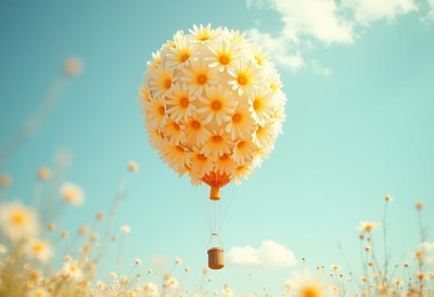 Hot air balloon float with daisies in a clear sky