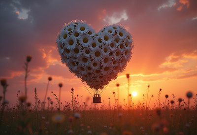 Hot air balloon made of flowers rises at sunset
