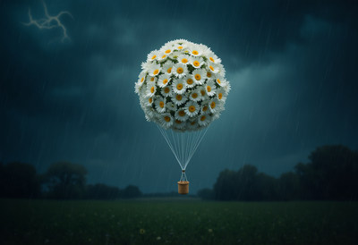 Balloon made of flowers floating in a stormy sky