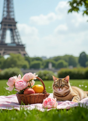 Cat with basket near Eiffel Tower