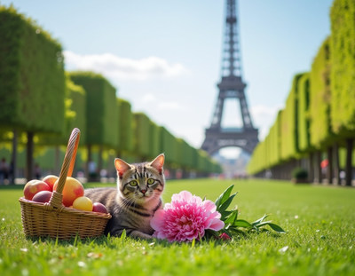 Cat with apples and pink flower Eiffel Tower