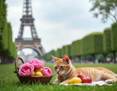 Orange cat with basket Eiffel Tower
