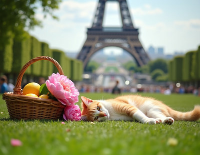 Orange cat with basket Eiffel Tower
